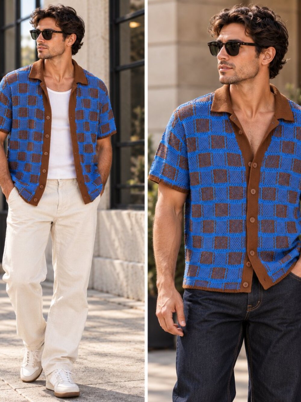 Zara Man Checkered Block Knit Short Sleeve Button Down Shirt | M